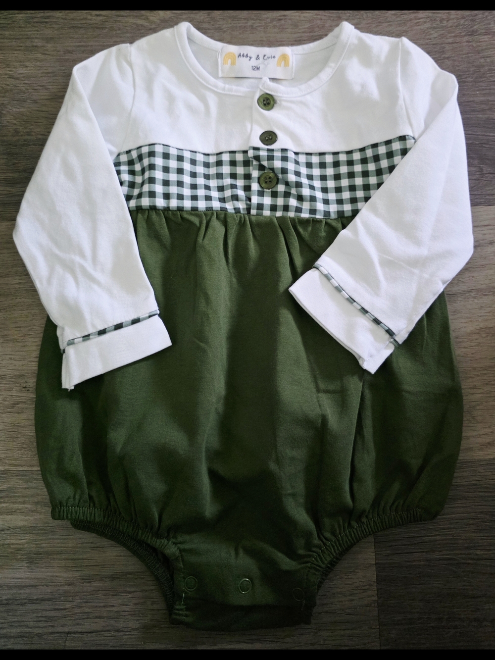 White & Olive Green Baby Romper with Gingham